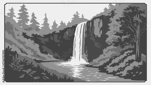 Waterfall in Forest Grey Scale Nature Illustration Calm River Scene Monochrome Landscape Design.