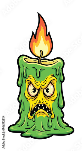 Scary green melting candle character with fiery flame for halloween