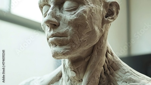 Detailed close-up of a sculpted human anatomical bust, showcasing layered musculature and textured surface in clay.