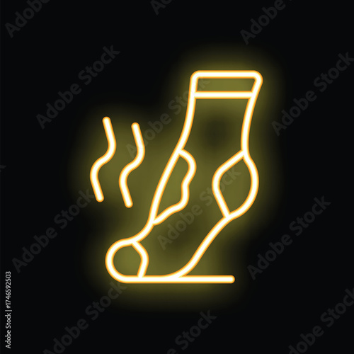 Bright neon yellow stinky sock icon is glowing on a black background illustrating the concept of foot odor