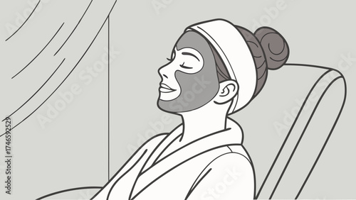 Woman relaxing with facial mask spa treatment skincare routine illustration.