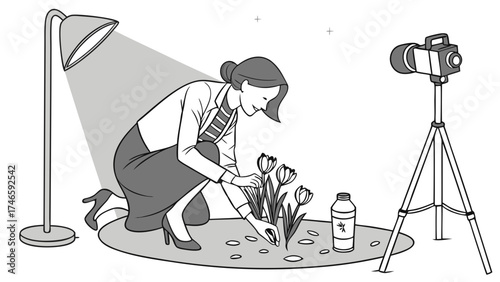 Woman tending flowers in a studio setup with lighting and camera.