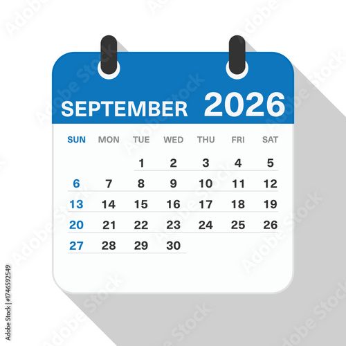 Monthly Calendar for September 2026. Blue Theme on White Background