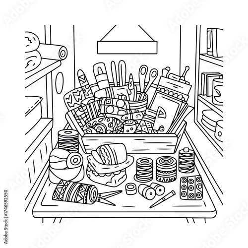 Home and Lifestyle hand-drawn black and white coloring page with clean outlines, perfect for creative relaxation, printable art, and fun coloring for all ages.
