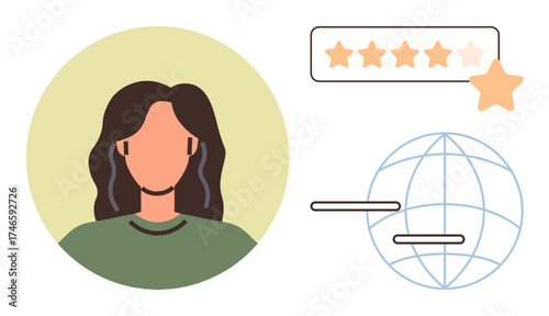 Portrait of individual with star rating bar and globe symbolizes online user reviews. Ideal for customer feedback, reputation management, satisfaction surveys, global reach, ratings, consumer
