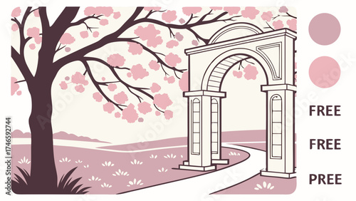 Springtime Archway Pathway Landscape Illustration Pink Blossom Tree Garden Design Coloring Page Vector Graphic.