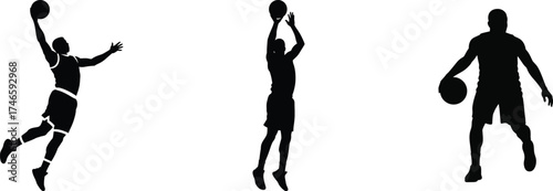 Dynamic basketball player silhouettes capturing slam dunk jump shot and dribble poses action sports vector