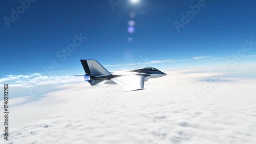 A futuristic jet aircraft soars high above a vast expanse of white clouds under a bright blue sky with a prominent sun.