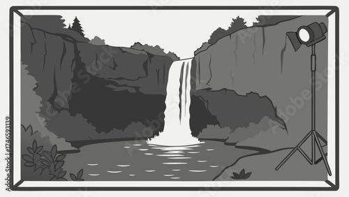 Studio Backdrop Illustration Waterfall Scene with Lighting Equipment.
