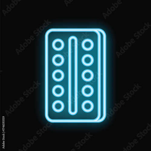 Neon sign of pills blister pack glowing on a black background