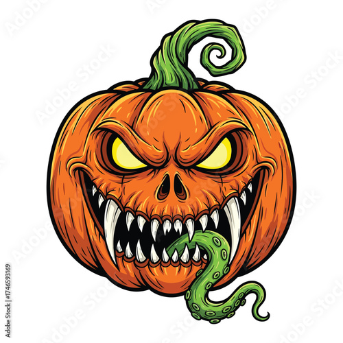 Scary halloween jack o lantern with a tongue and evil eyes