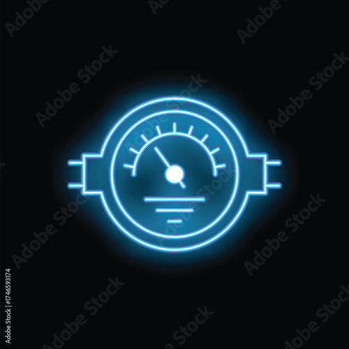 Neon blue icon of an ammeter glowing on dark background