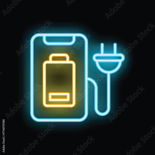 Neon smartphone showing battery charging with plug icon on black background