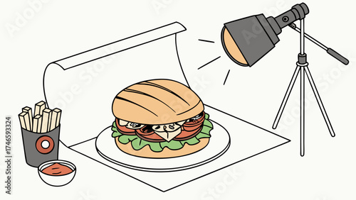 Studio Food Photography Isometric View of Burger Fries and Sauce with Lighting Setup.