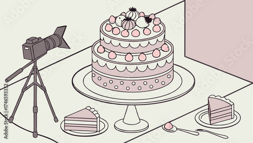 Studio Food Photography Delicious Two-Tiered Cake with DSLR Camera Setup.