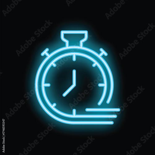Neon blue stopwatch icon is glowing on a black background, symbolizing the rapid passage of time