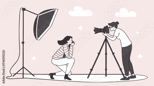 Studio Photography Session Photographer and Model Posing with Lighting Equipment.