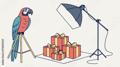 Studio photography setup with a parrot and gifts.