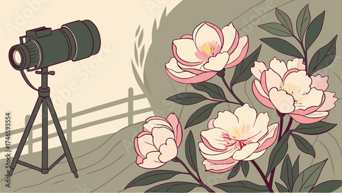 Studio Photography Setup with Blooming Flowers Camera on Tripod Floral Illustration Spring Blossom Artistic Design.