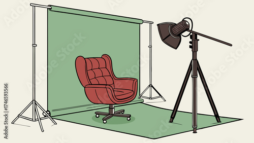 Studio Photography Setup with Chair and Lighting.