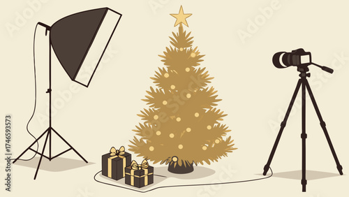 Studio Photography Setup with Decorated Christmas Tree and Gifts.