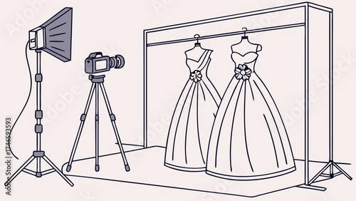 Studio Photography Setup with Dresses on Display Camera Lighting Equipment and Tripod.
