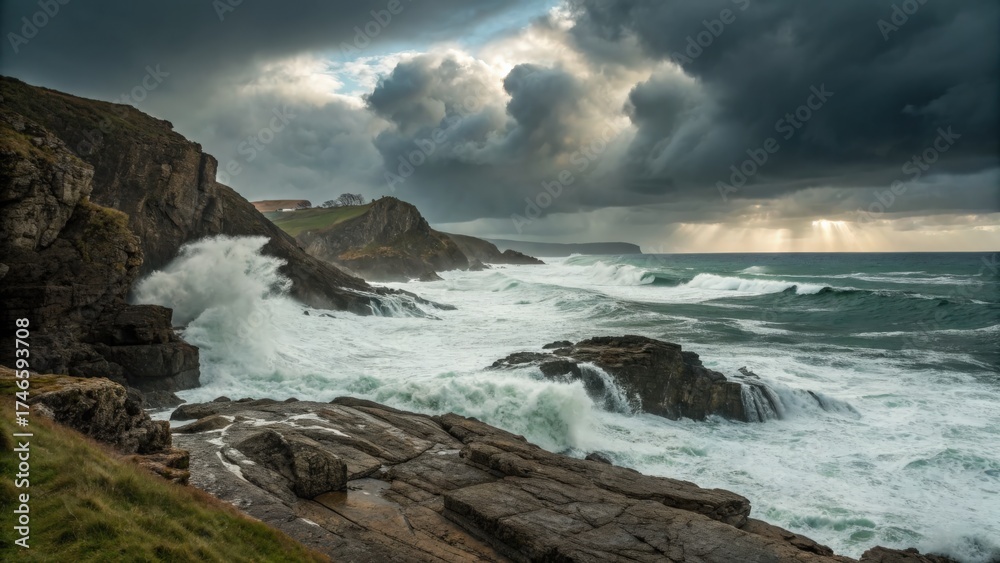 Fototapeta premium Dramatic coastal landscape with waves crashing against rocks and moody cloudy sky