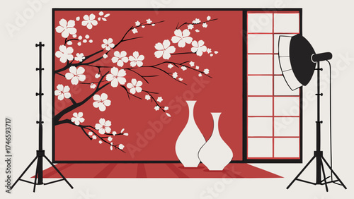 Studio Setup with Blossom Backdrop and Lighting Equipment for Product Photography or Still Life Images.