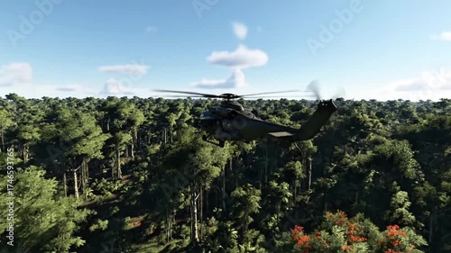 A dark helicopter flies low over a vast, dense green forest under a clear blue sky with scattered clouds.