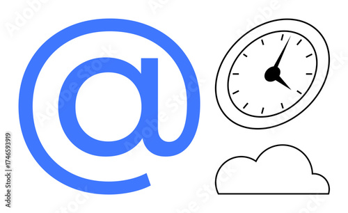Large blue at-sign, analog clock, simple cloud shape. Ideal for digital connectivity, time tracking, email work, cloud storage, productivity technology online communication. A simple flat metaphor