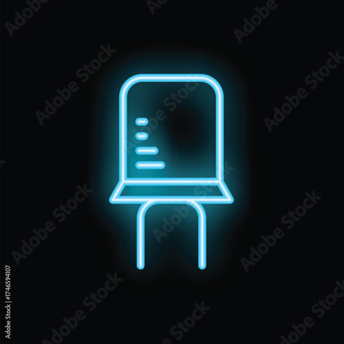 Blue neon sign of an electronic capacitor component glowing on a black background