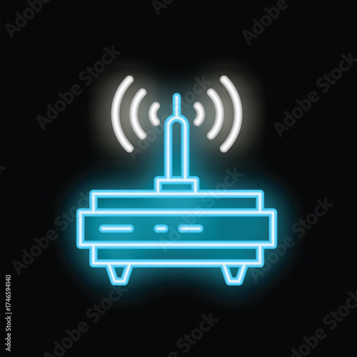 Neon blue wifi router emitting a signal on a dark background