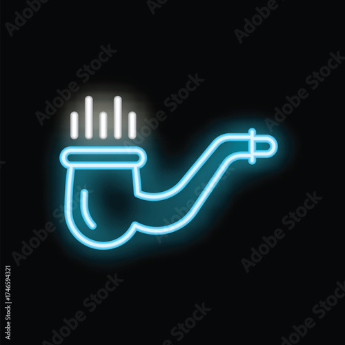 Blue neon sign of a smoking pipe with smoke coming out of it on a black background