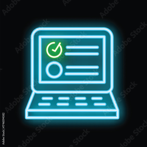 Glowing neon icon of an online survey or questionnaire form displayed on a laptop screen, featuring check and radio buttons