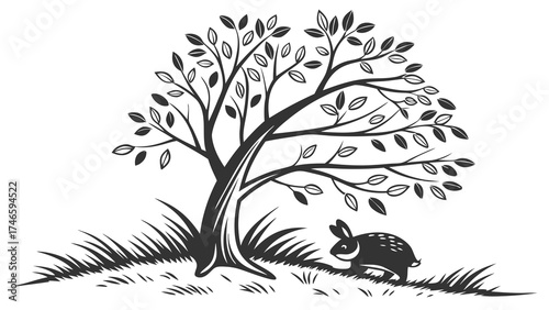 Stylized illustration of a rabbit and tree black and white nature graphic woodland animal art.