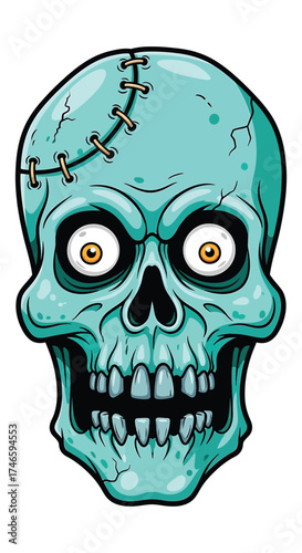 Cartoon zombie skull with stitches and wide eyes for halloween