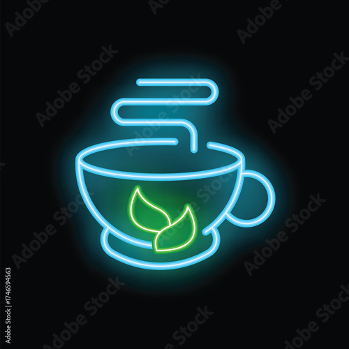 Neon sign of a steaming cup of herbal tea with two green leaves, glowing on a dark background