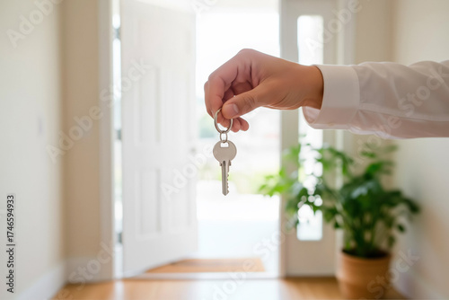 Human hand extending a house key, symbolizing real estate ownership, moving into a new residence, welcoming opportunities, and securing a property investment