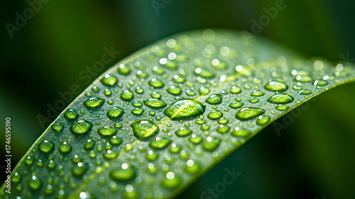 Fresh green leaf glistening with morning dew drops closeup