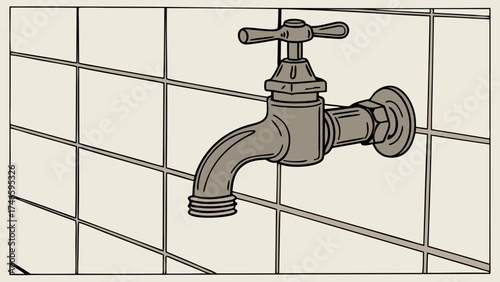 Vintage Faucet on Tiled Wall Plumbing Home Improvement and Water Supply Illustration.