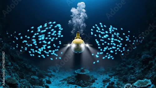 A yellow submarine explores the deep ocean, surrounded by schools of glowing blue fish and emitting bubbles.