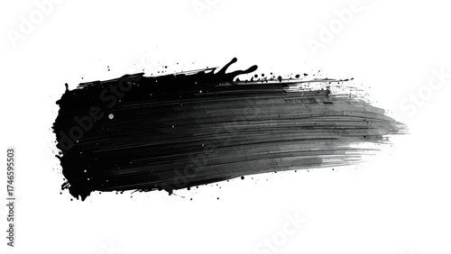 Abstract Black paint stroke High-res macro black-to-gray paint brush stroke. Thick, textured, with dynamic curve, splatters, and drips, isolated on a clean white background.
