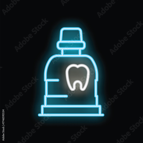 Neon mouthwash bottle shining on black background