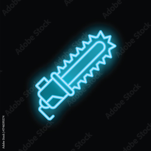 Blue neon chainsaw glowing on dark background representing concepts such as construction, danger and power tools