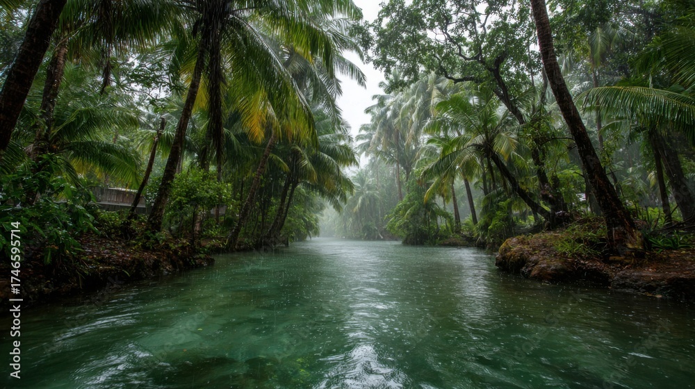 Fototapeta premium Tropical rainforest river during monsoon rainfall