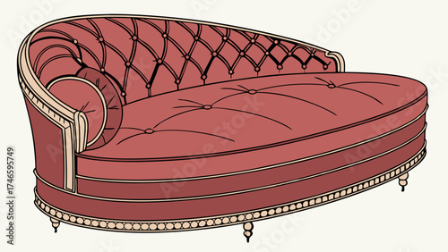 Vintage Style Curved Sofa Upholstered Chaise Lounge Button Tufted Furniture Design Illustration.