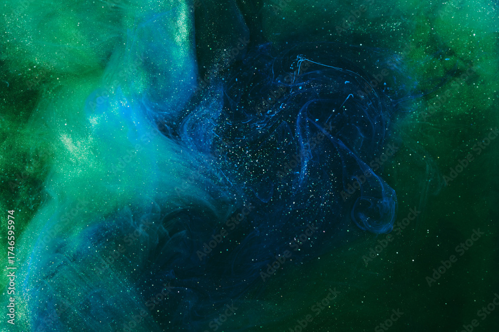 Fototapeta premium Abstract green blue background. Moving flow of multicolored paints, colorful fluid liquid art