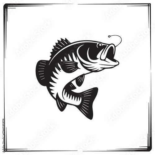 Black and White Silhouette of a Largemouth Bass with Fishing Lure
