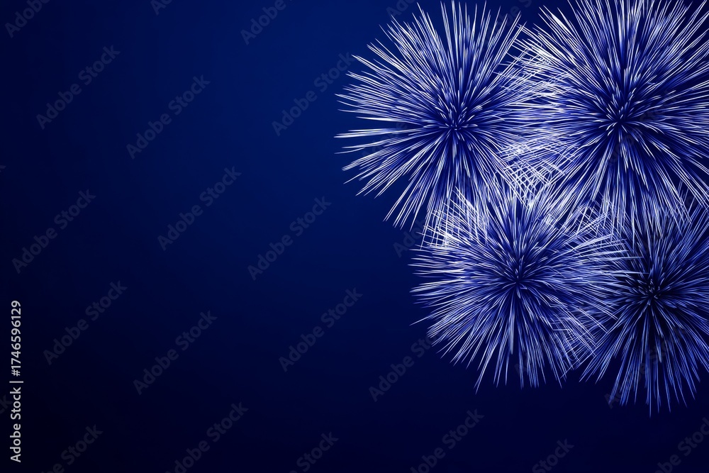 Fototapeta premium Vibrant blue fireworks exploding with white streaks on midnight blue sky background