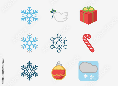 Koleksi vektor ikon dan elemen hari libur Natal yang meriah, termasuk kotak hadiah, pohon, bintang, pita, dan manusia salju untuk dekorasi musim dingin